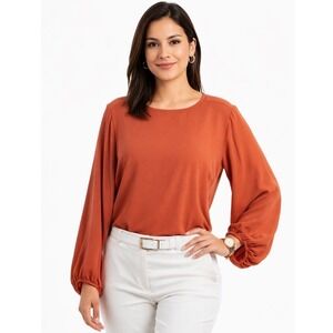 LOFT Rust Orange Balloon Sleeve Blouse Crew Neck Keyhole Back Top M Preppy 80-72